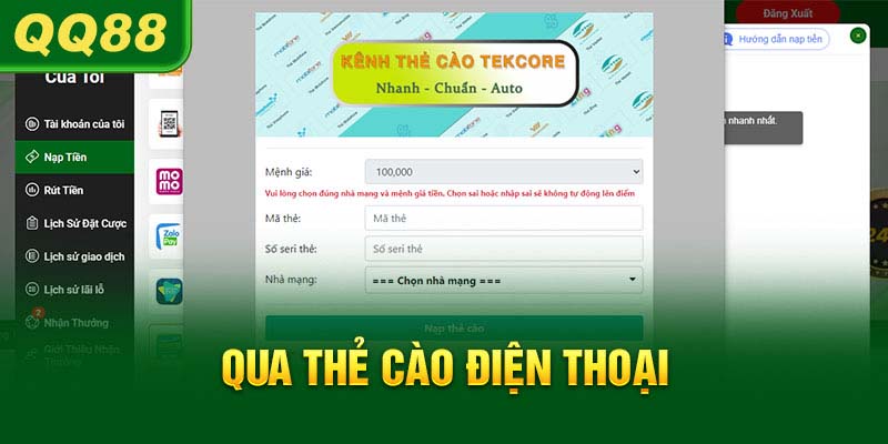 Nạp tiền QQ88 qua thẻ cào truyền thống, tiện lợi