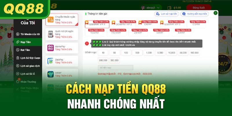 Cách nạp tiền QQ88 siêu tốc bạn nên biết